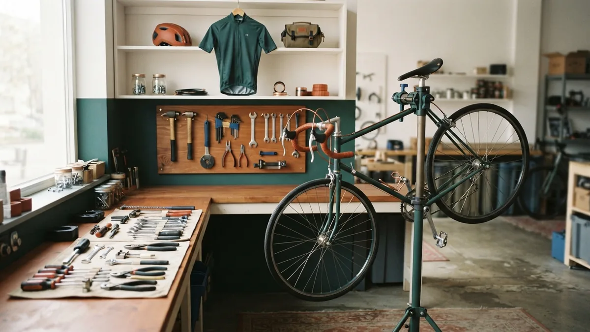 Brand promise carried through the shop Bike shop repair area and cycling gear shown as one consistent customer-facing brand experience
