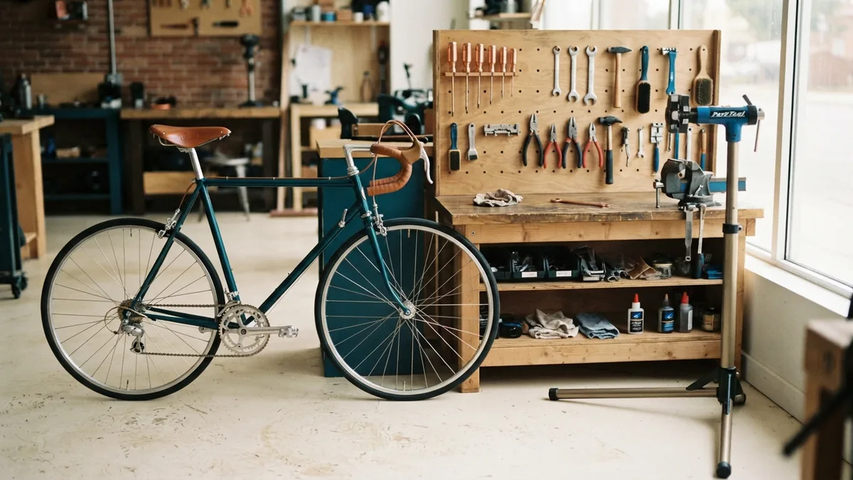 A reliable experience that builds trust Well-maintained bicycle beside a tidy repair station, reflecting customer trust and reliable service