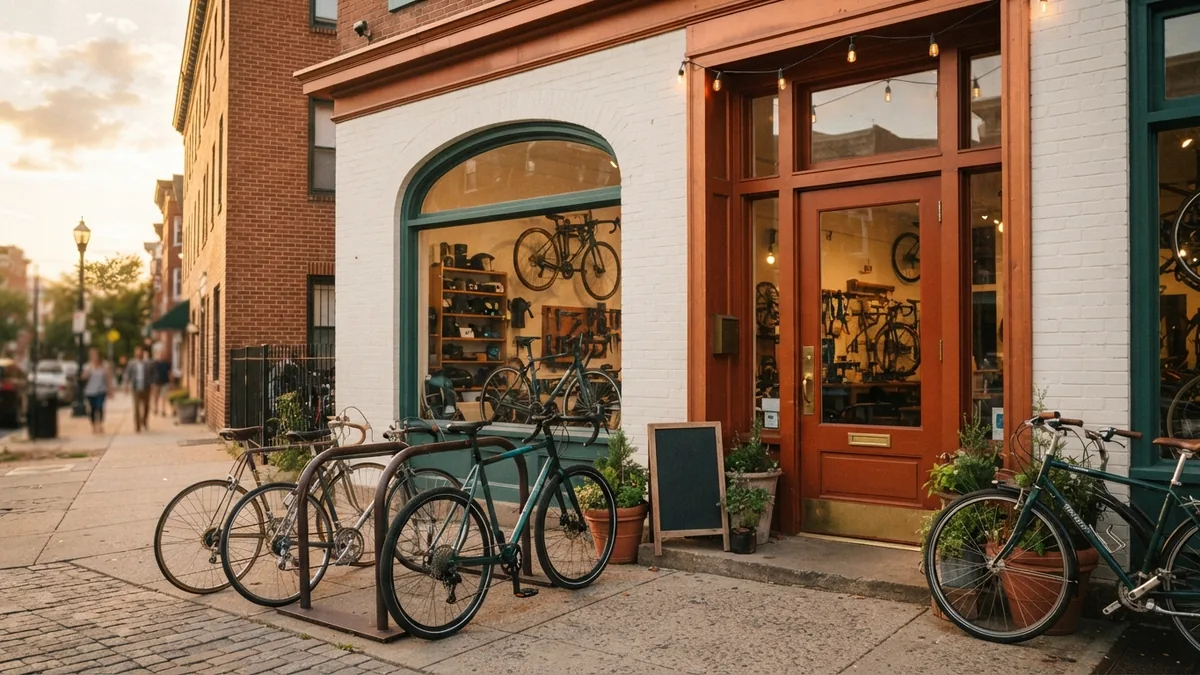 Distinctive neighborhood bike shop exterior that conveys a clear local position and identity