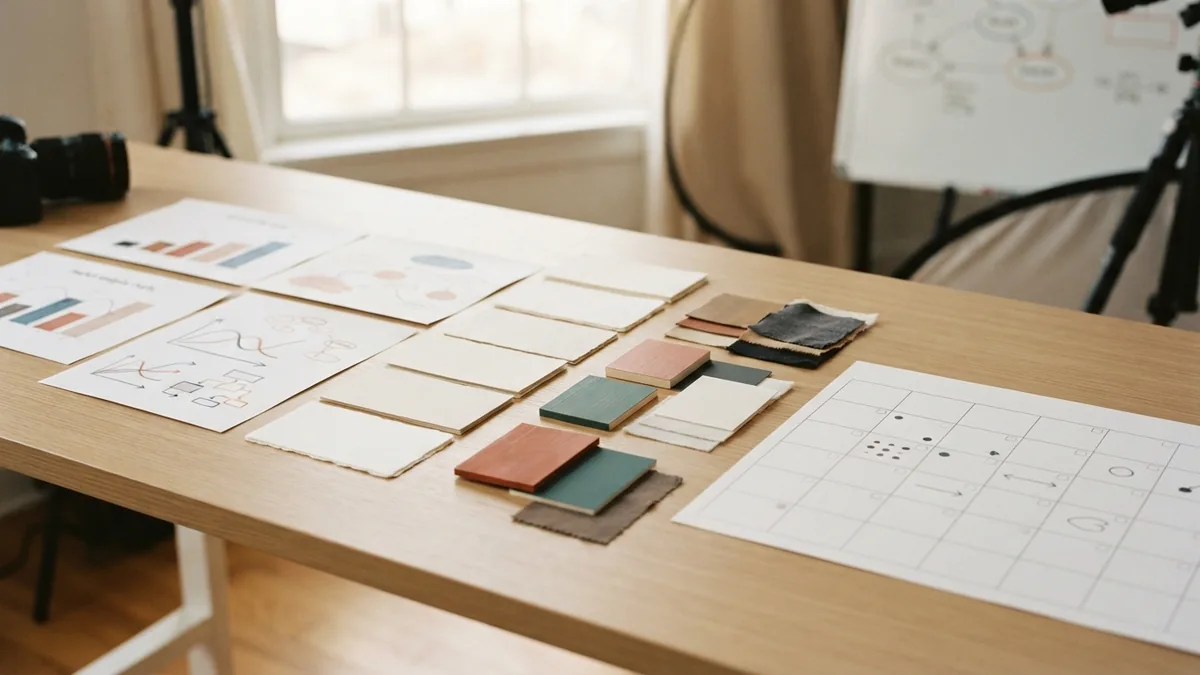 Brand strategy planning workspace Brand strategy planning materials arranged with charts, cards, and a calendar