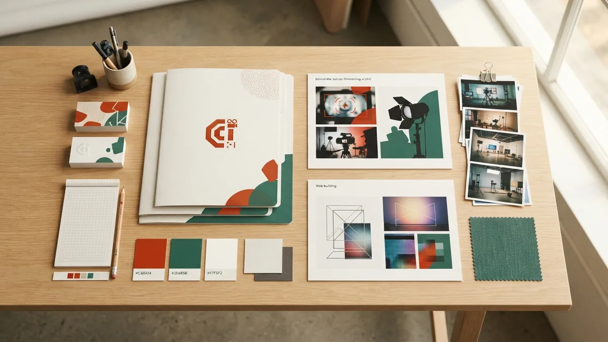 Organized brand kit materials with color chips, folders, and layout samples