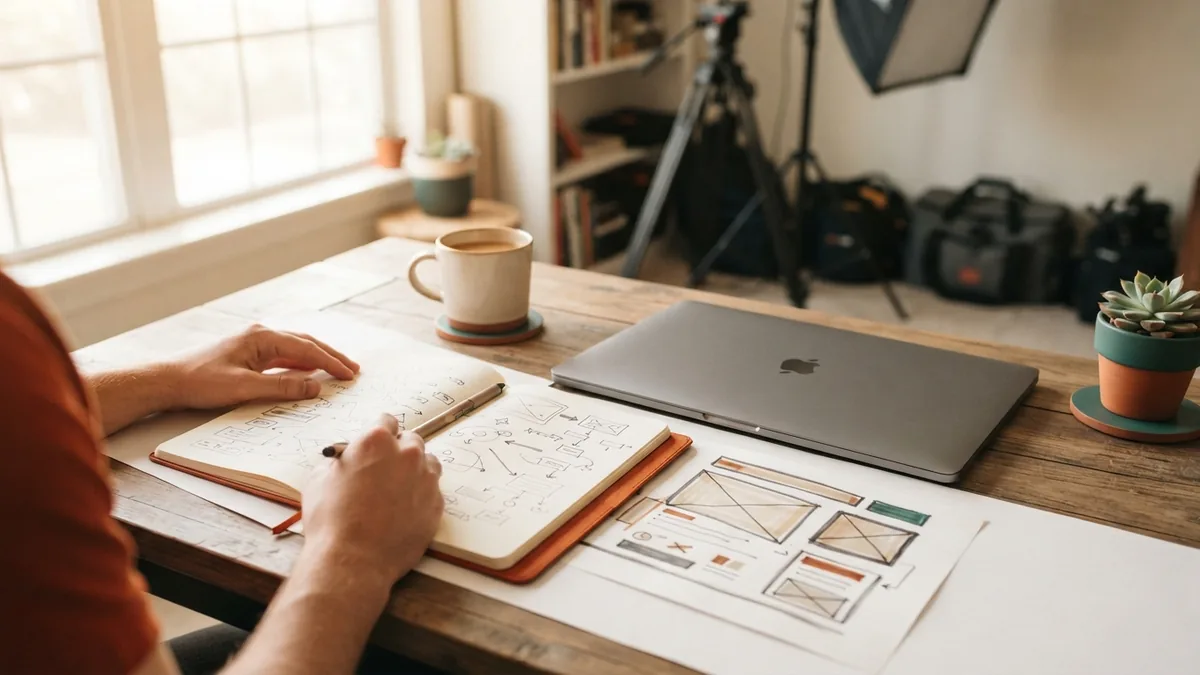 Learner building digital marketing skills with notes, a laptop, and a paper chart
