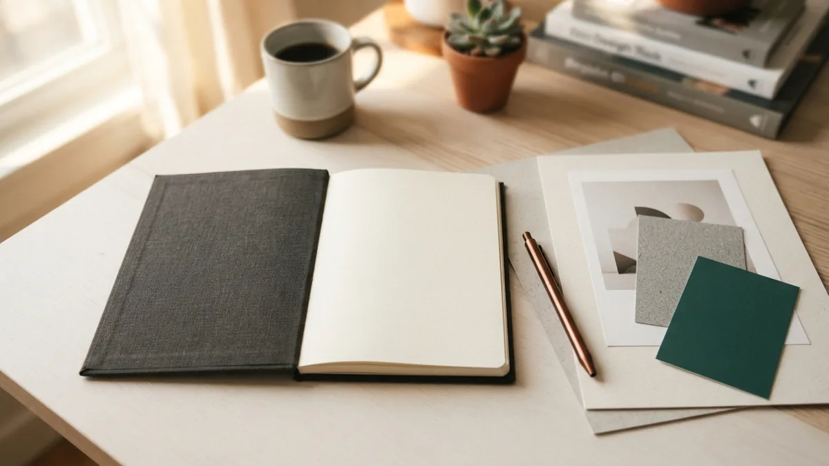 Core elements of a personal brand Notebook and portfolio materials arranged for defining personal brand values and strengths
