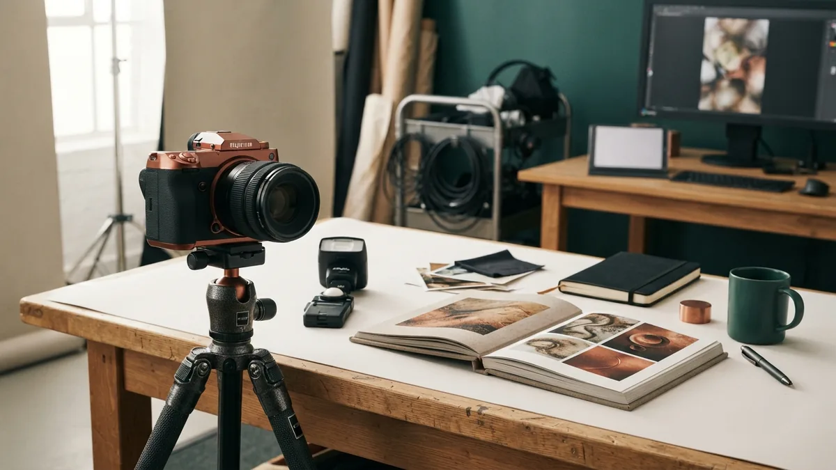 Photography as a personal branding example Photography tools and portfolio samples in a studio for a focused personal brand