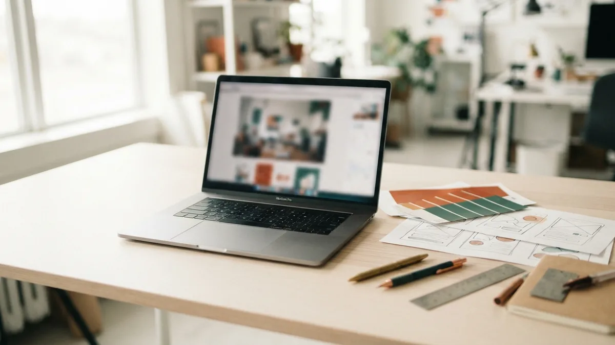 Website layout sketches and color swatches beside a laptop