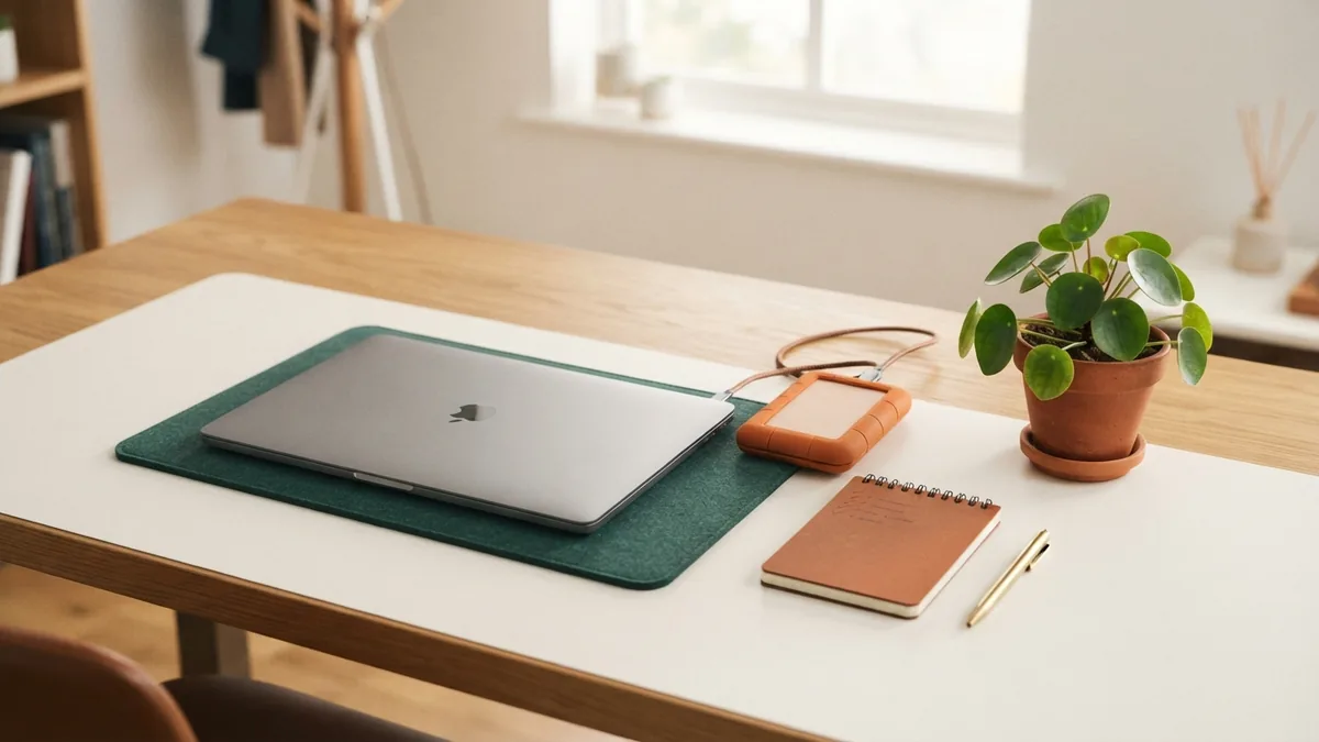 WordPress website maintenance setup Laptop and backup drive set out for regular website maintenance