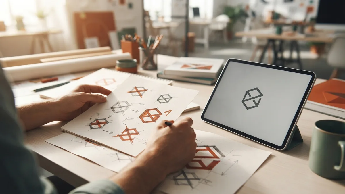 Moving from sketches to a draft Paper logo sketches compared with a refined digital draft