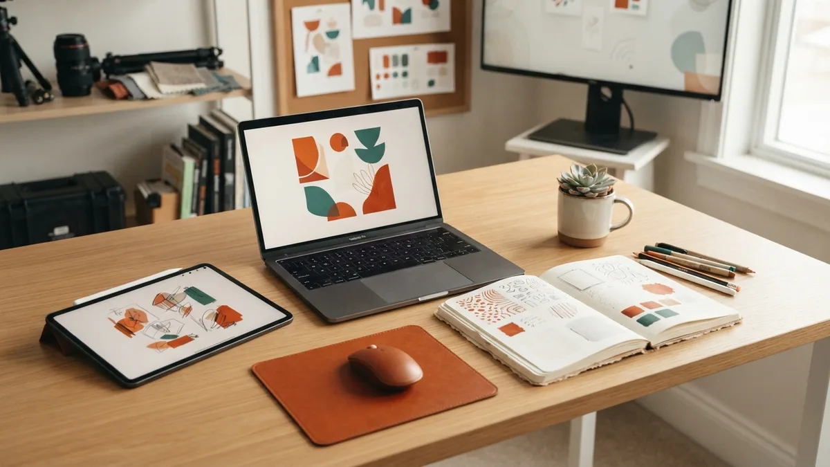 Choosing tools for logo work Design tools and sketches arranged for building a company logo