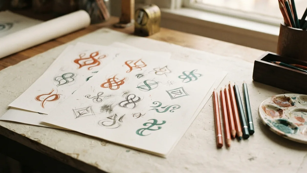 Sketching early visual concepts Early symbol sketches and color choices laid out during a brand design process
