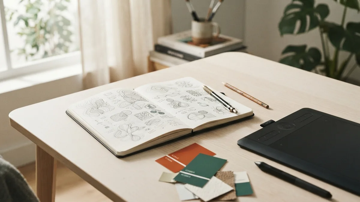 From paper sketches to digital design Notebook sketches and color samples prepared for digital design work