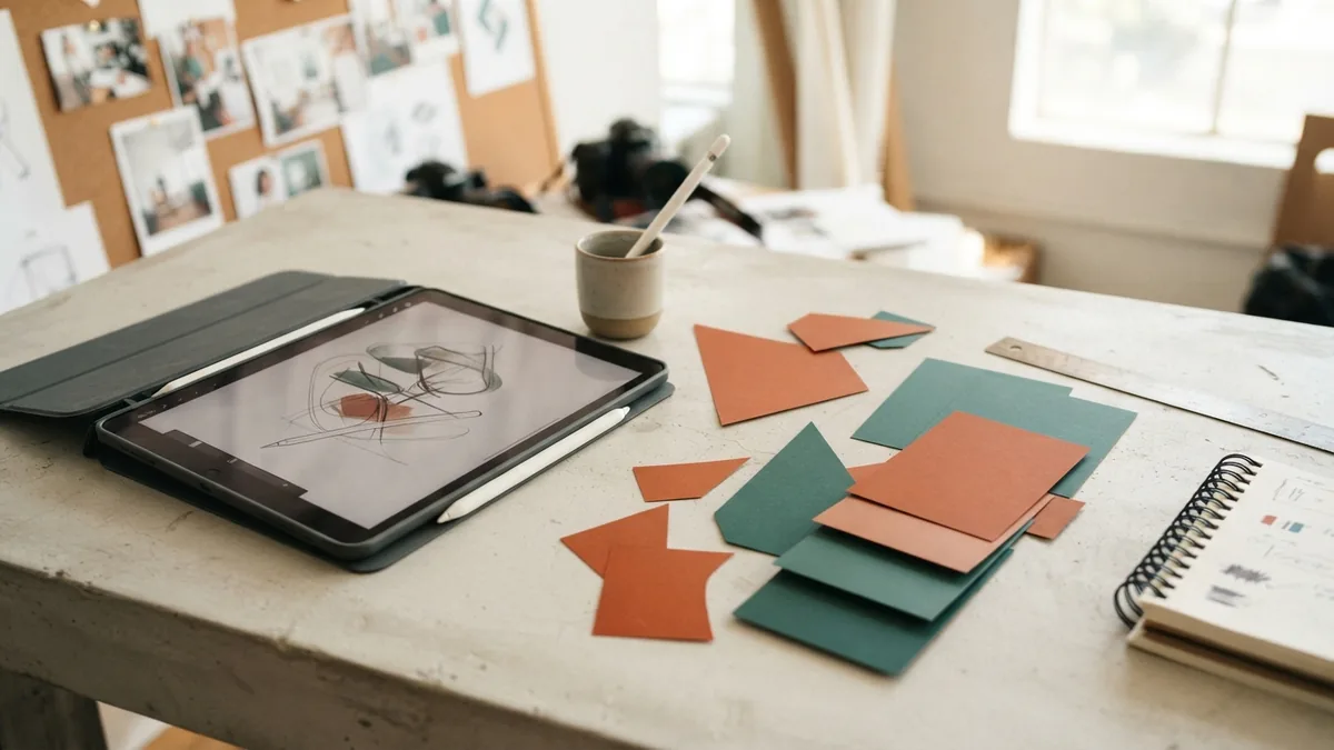 Refining a design with digital tools Tablet and stylus beside color cards for refining a visual identity