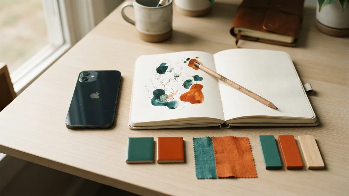 Planning a design on an Android phone Android phone beside a sketchbook and color samples for mobile design work