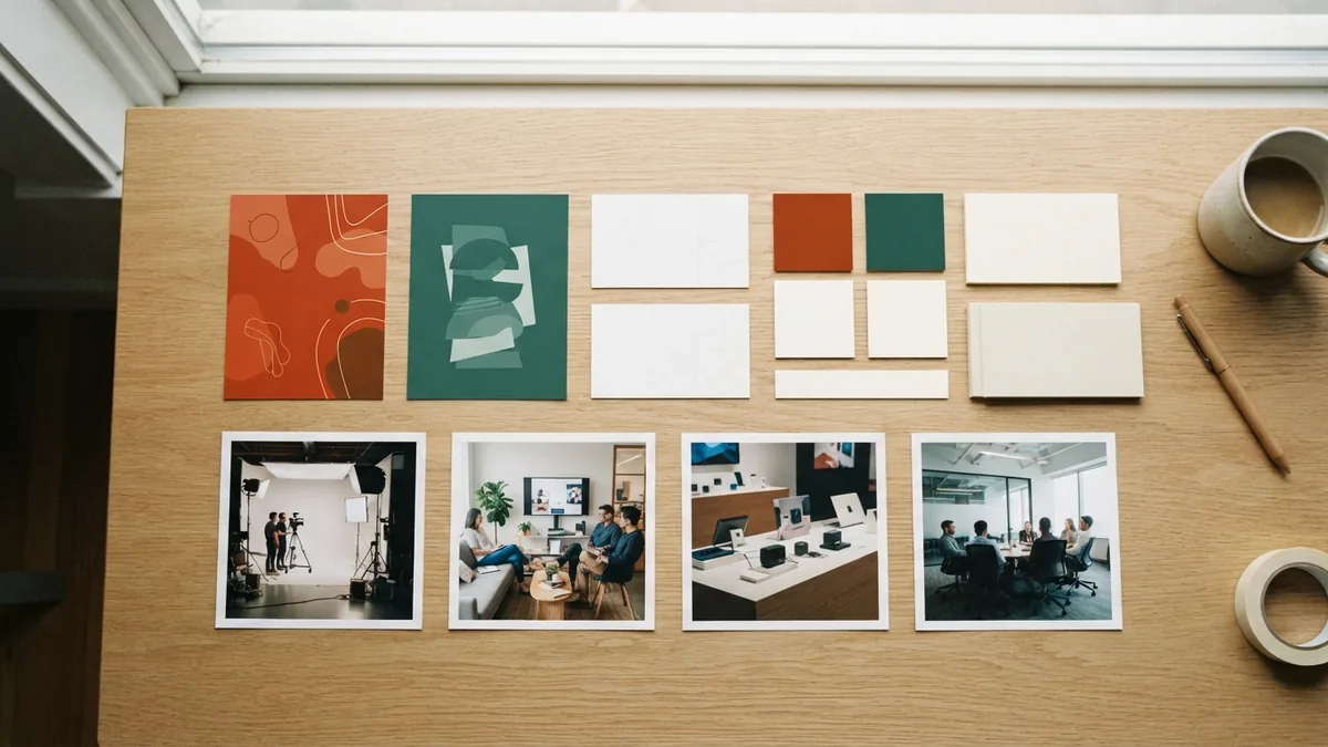 Comparing visual styles in a market A tabletop arrangement of abstract logo samples and color chips for competitor research