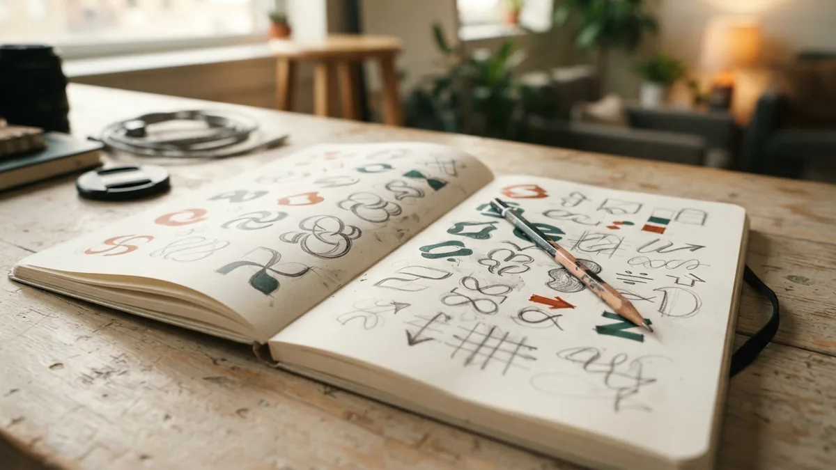 Sketching a range of logo concepts Rough logo concepts in a sketchbook beside a pencil during early design work