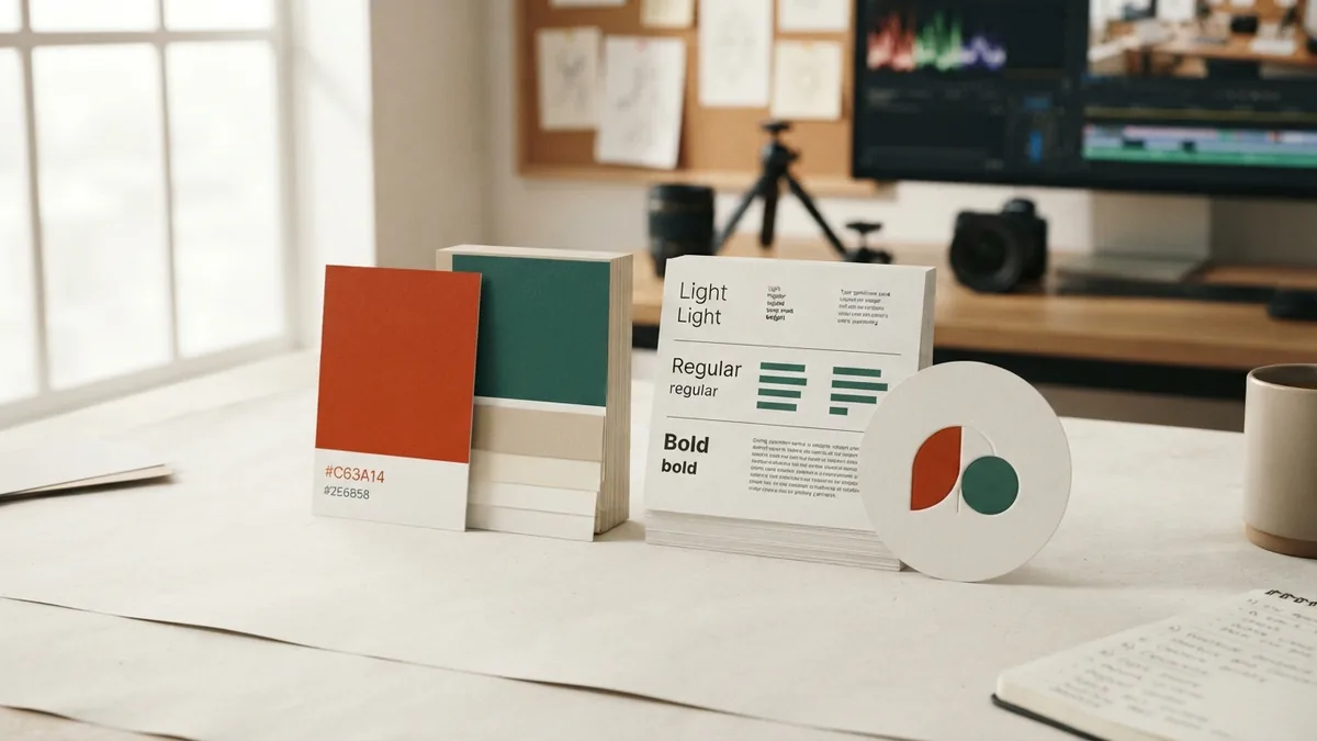 Color swatches and type samples arranged beside a simple abstract logo mark