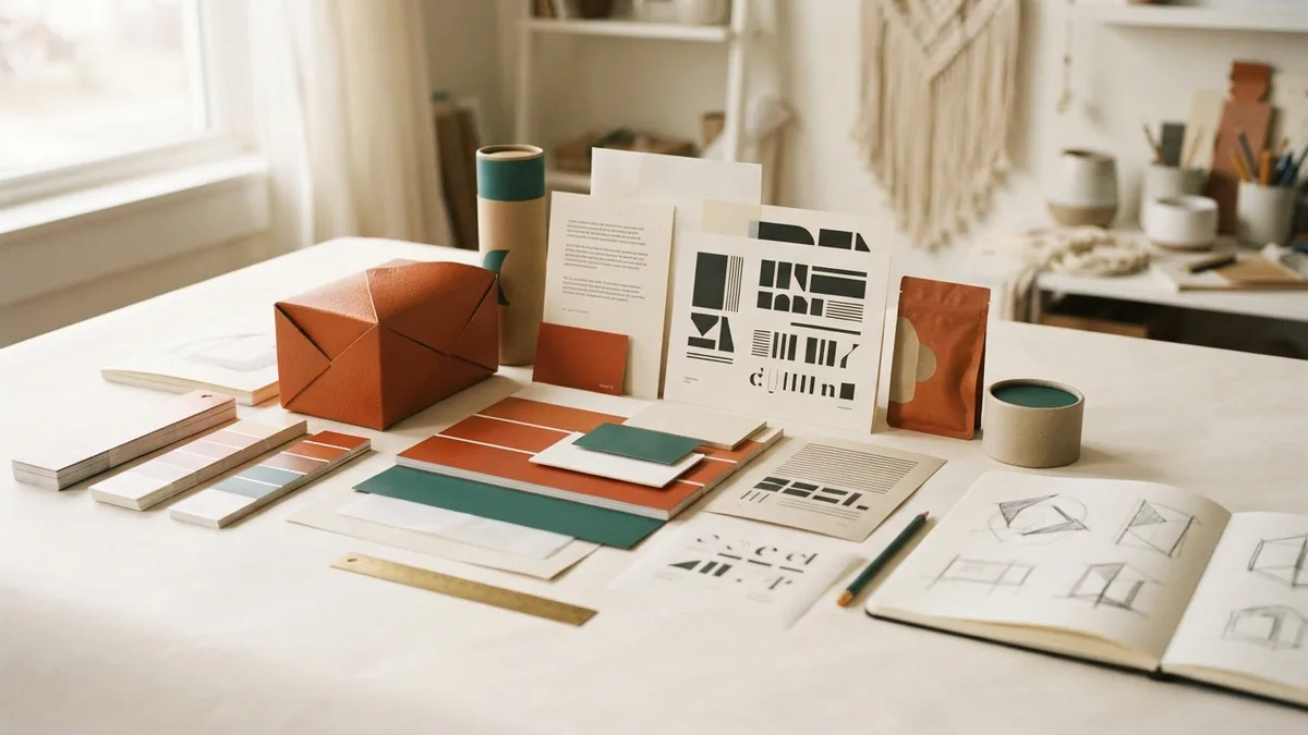 Visual elements working as one system Color cards, type samples, and packaging mockups forming a unified visual identity