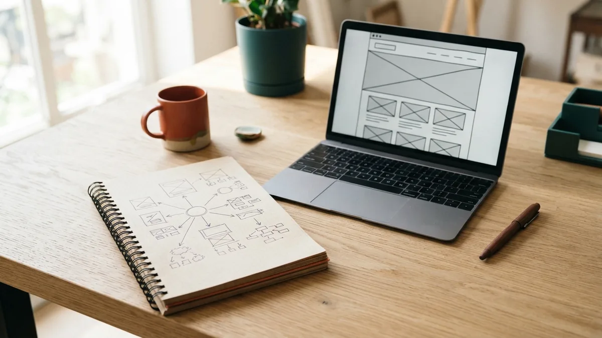A simple site map sketch beside a laptop during web page planning