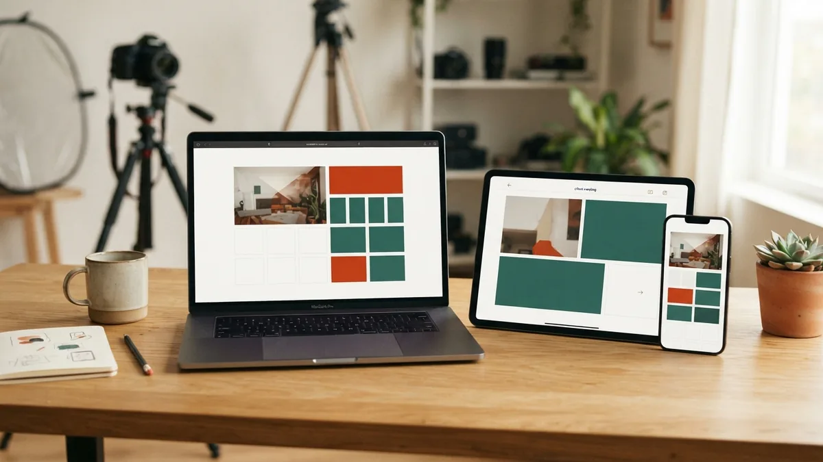 Laptop, tablet, and phone showing web page layouts across screen sizes