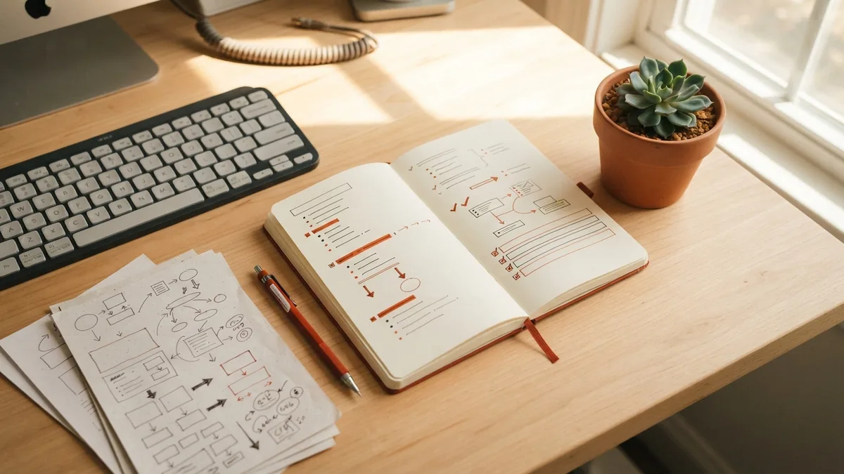 Planning clear, useful site content Content planning notes beside a keyboard for building a helpful website