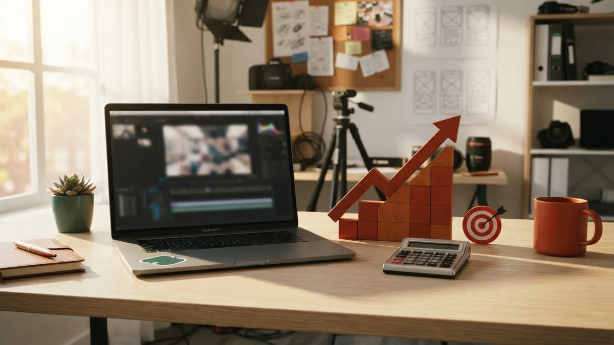 Digital marketing results shown through charts, budget tools, and target markers