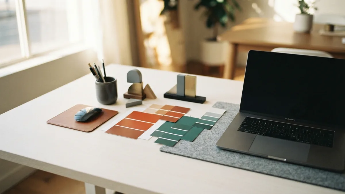 Planning a front-end website A front-end design workspace with a laptop and visual planning materials