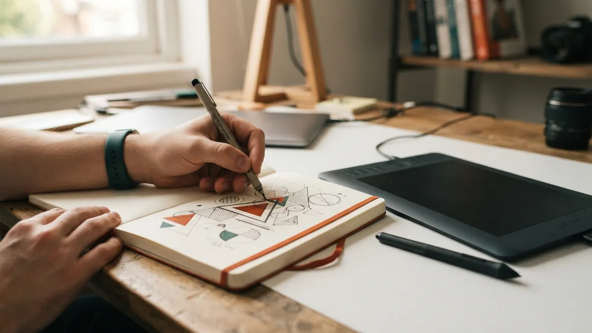 Designer refining simple geometric brand shapes with drawing tools