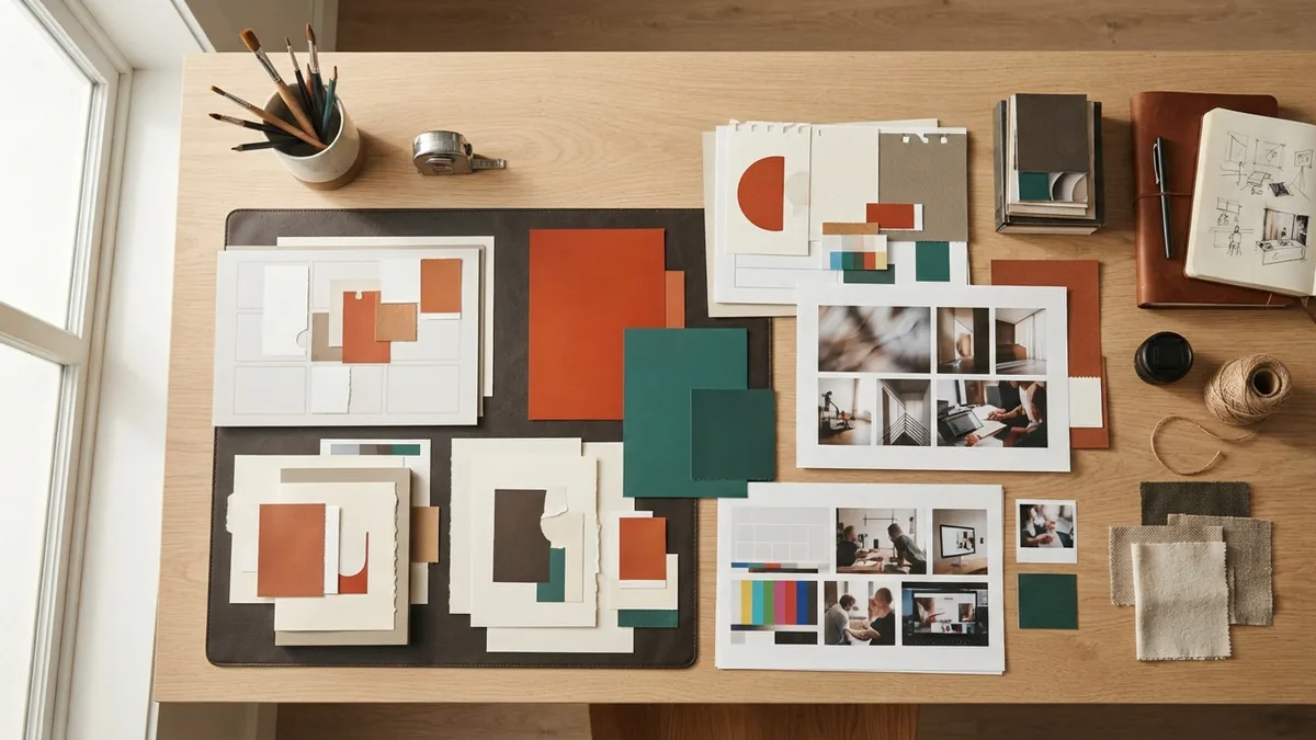 Color swatches and type samples arranged for brand design testing