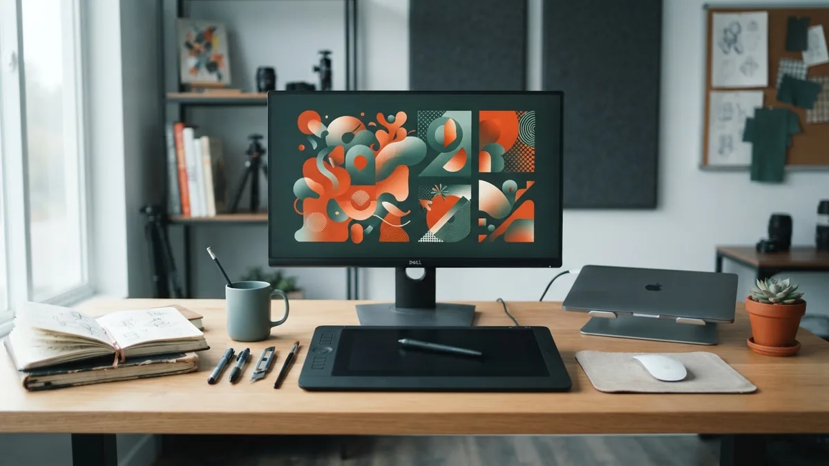 Creative desk with vector design tools and digital shape work