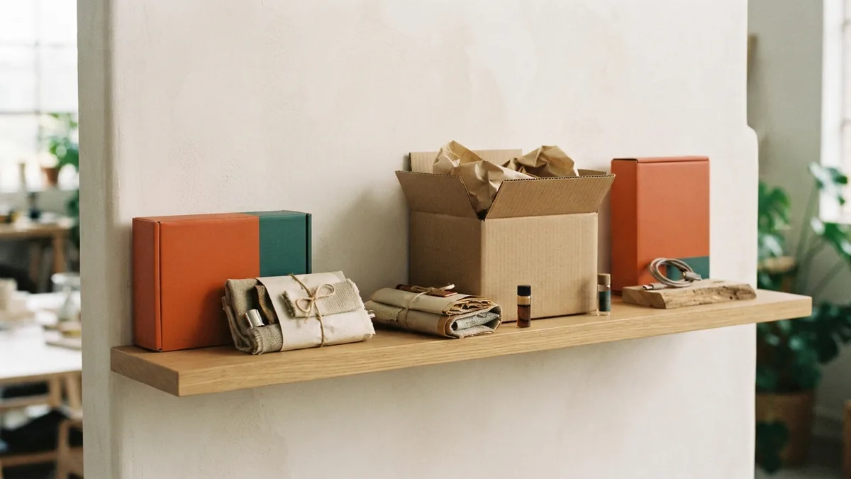 Product goods arranged across a shelf to represent push, pull, and channel marketing methods