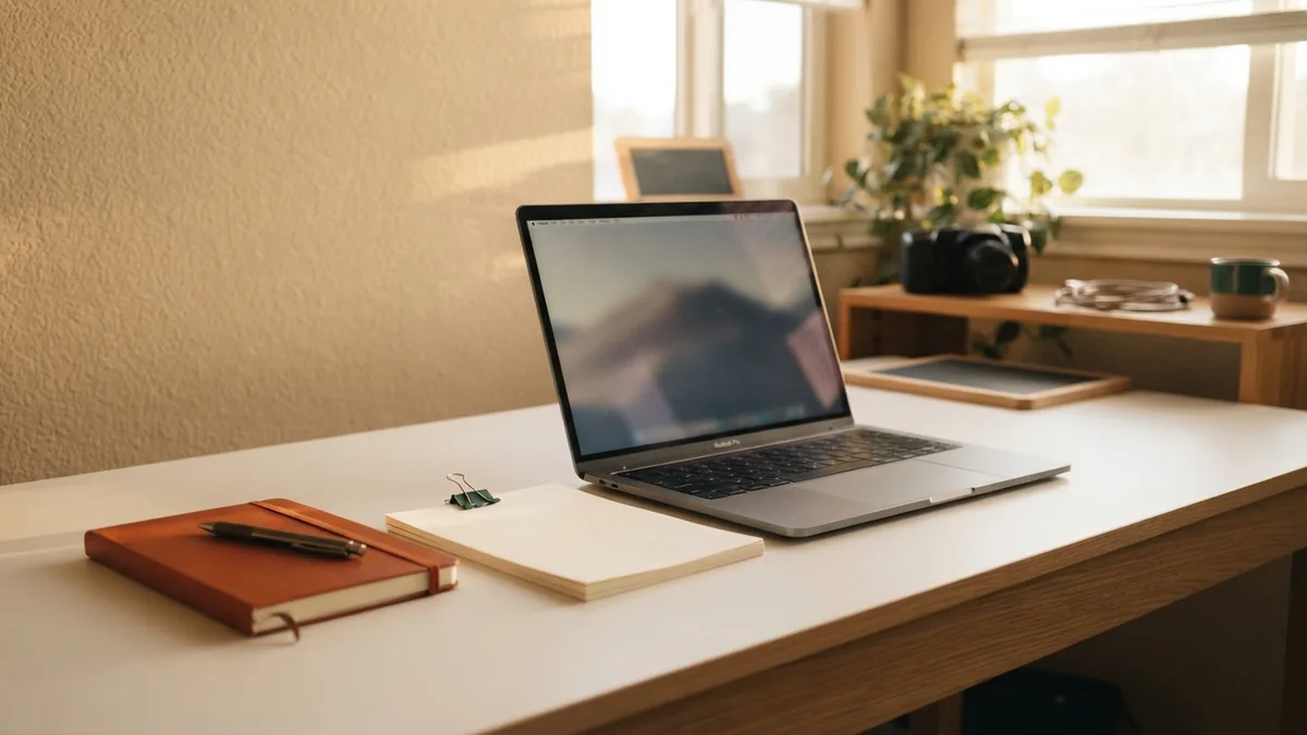 Desk with writing drafts and planning notes for a professional online presence
