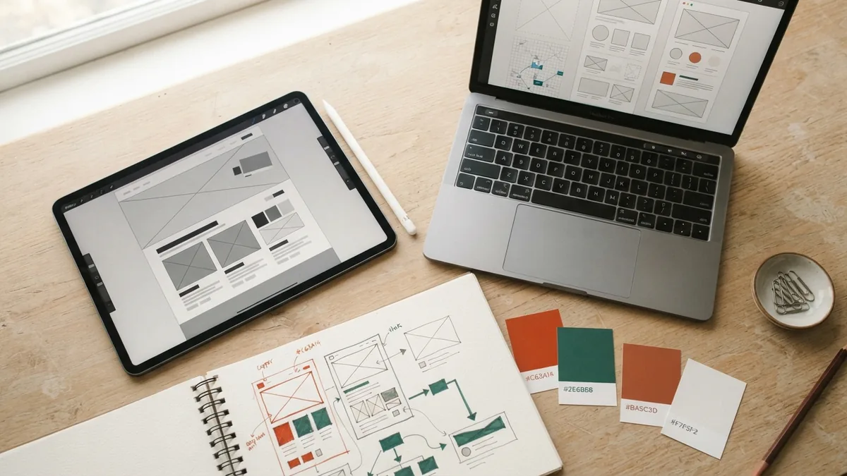 Planning layout and color Color swatches and layout sketches beside a tablet during web design planning