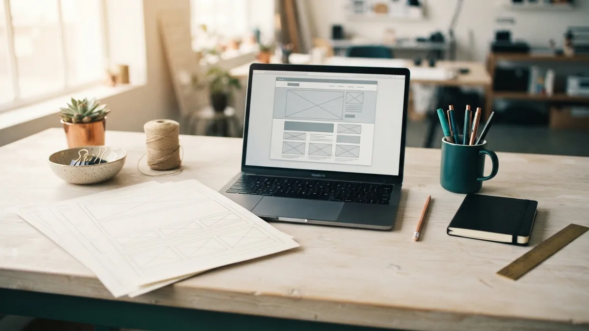 Wireframe sheets and a laptop arranged for planning a website design process