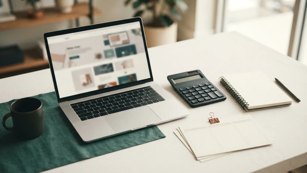 Planning a website design budget Calculator and planning sheets beside a laptop for estimating website design costs