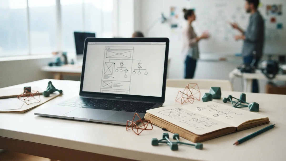 Laptop and planning tools arranged on a desk for building a website