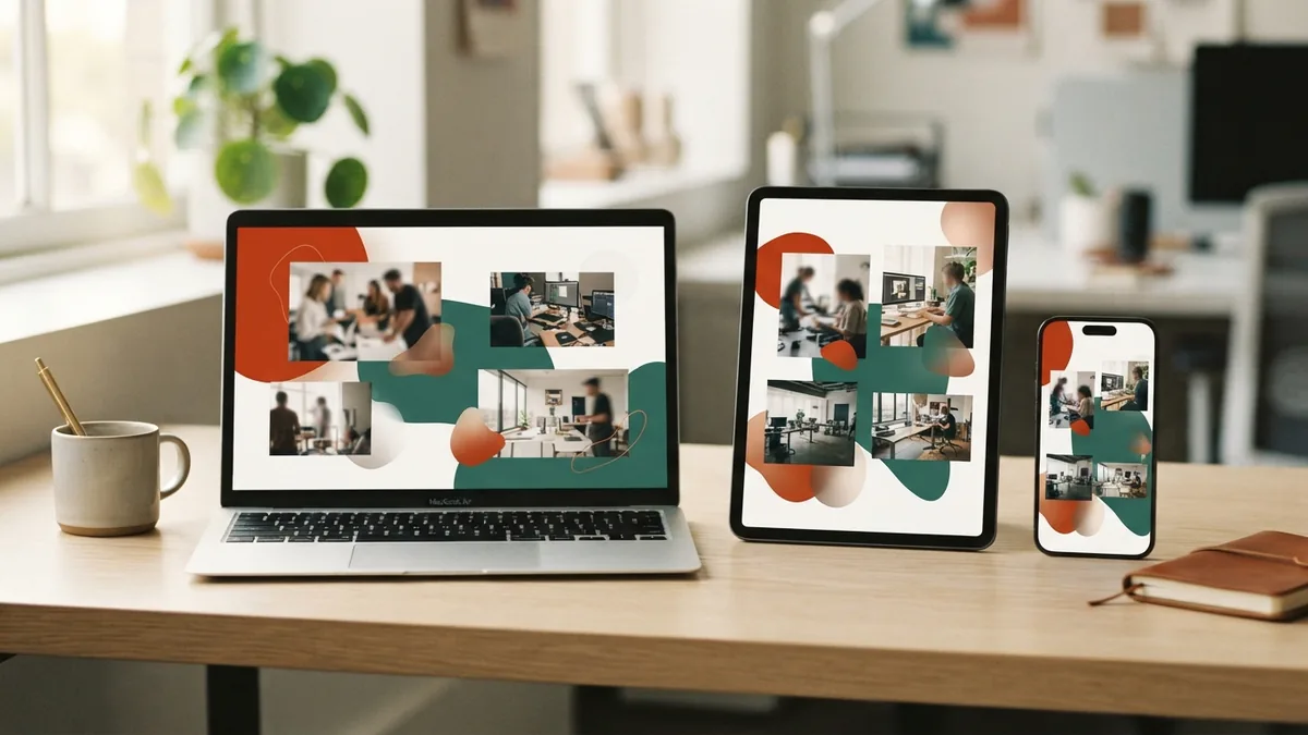A website across screen sizes Matching website layouts displayed across a tablet, phone, and laptop