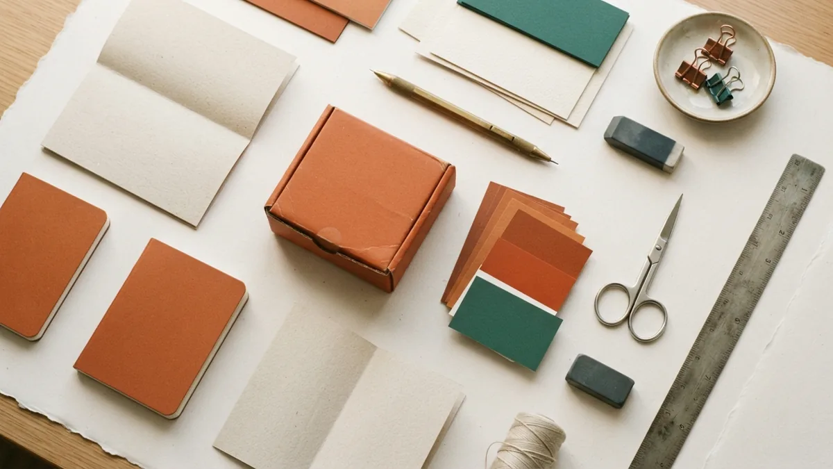 Visual parts of a brand identity Color cards, package forms, and design tools representing visual brand identity