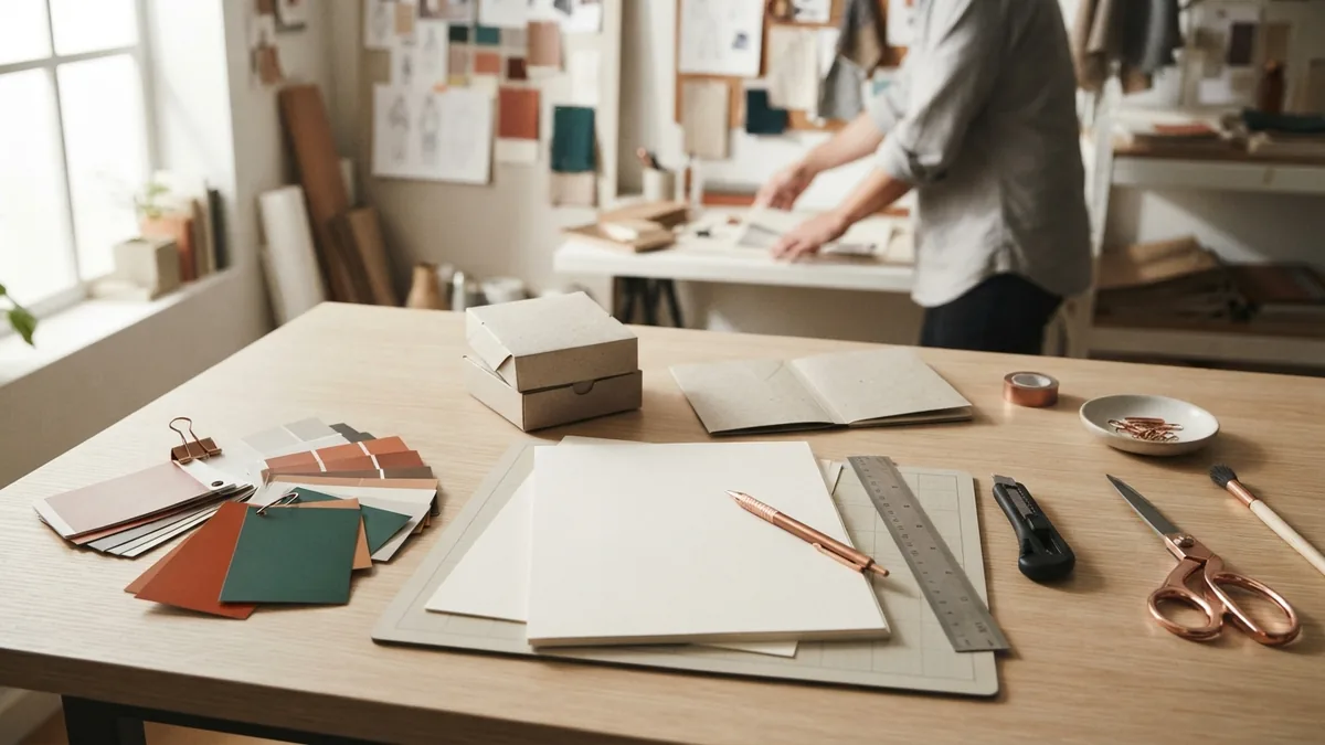 Brand planning materials arranged for a focused strategy session
