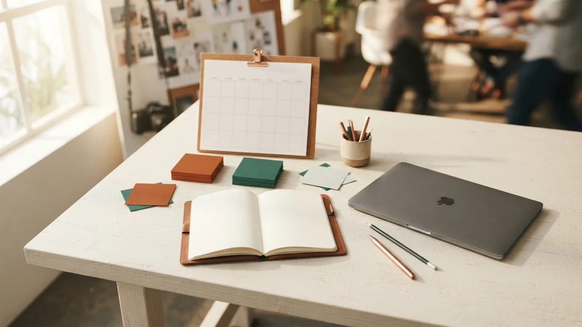 Planning a digital marketing campaign Campaign planning workspace with a calendar, laptop, and blank notes on a desk