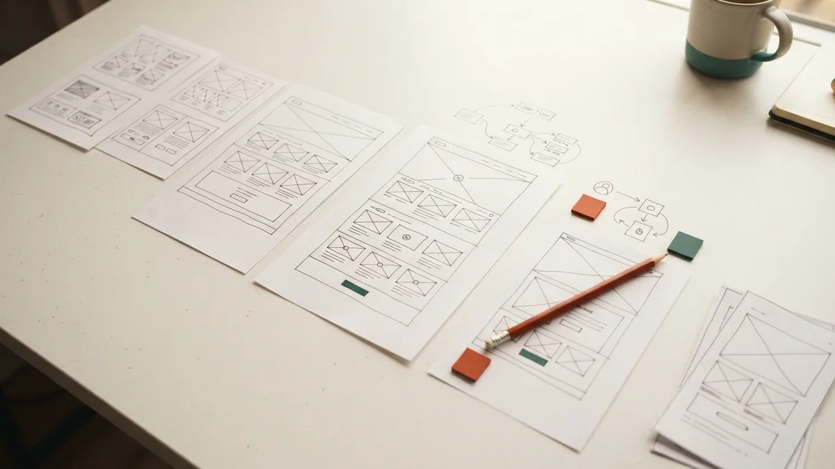 Website wireframe plans laid out on paper to show page structure