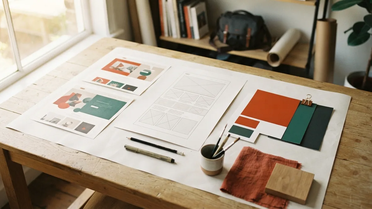 Reviewing web design work Printed website designs and color samples set out for a design review